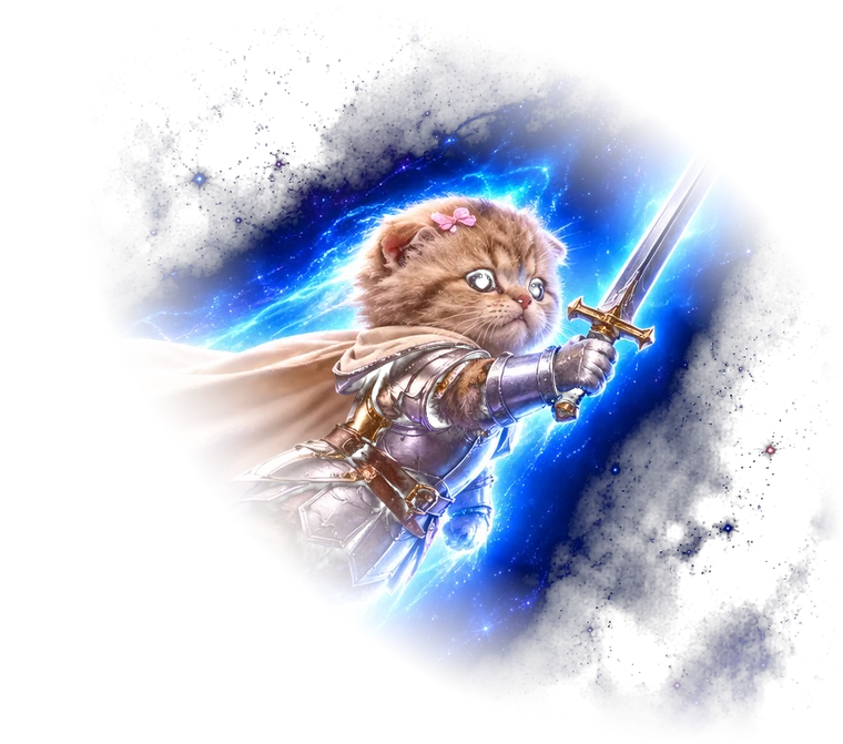 A fluffy kitten in silver armor and a cream cape flying through space with a glowing sword